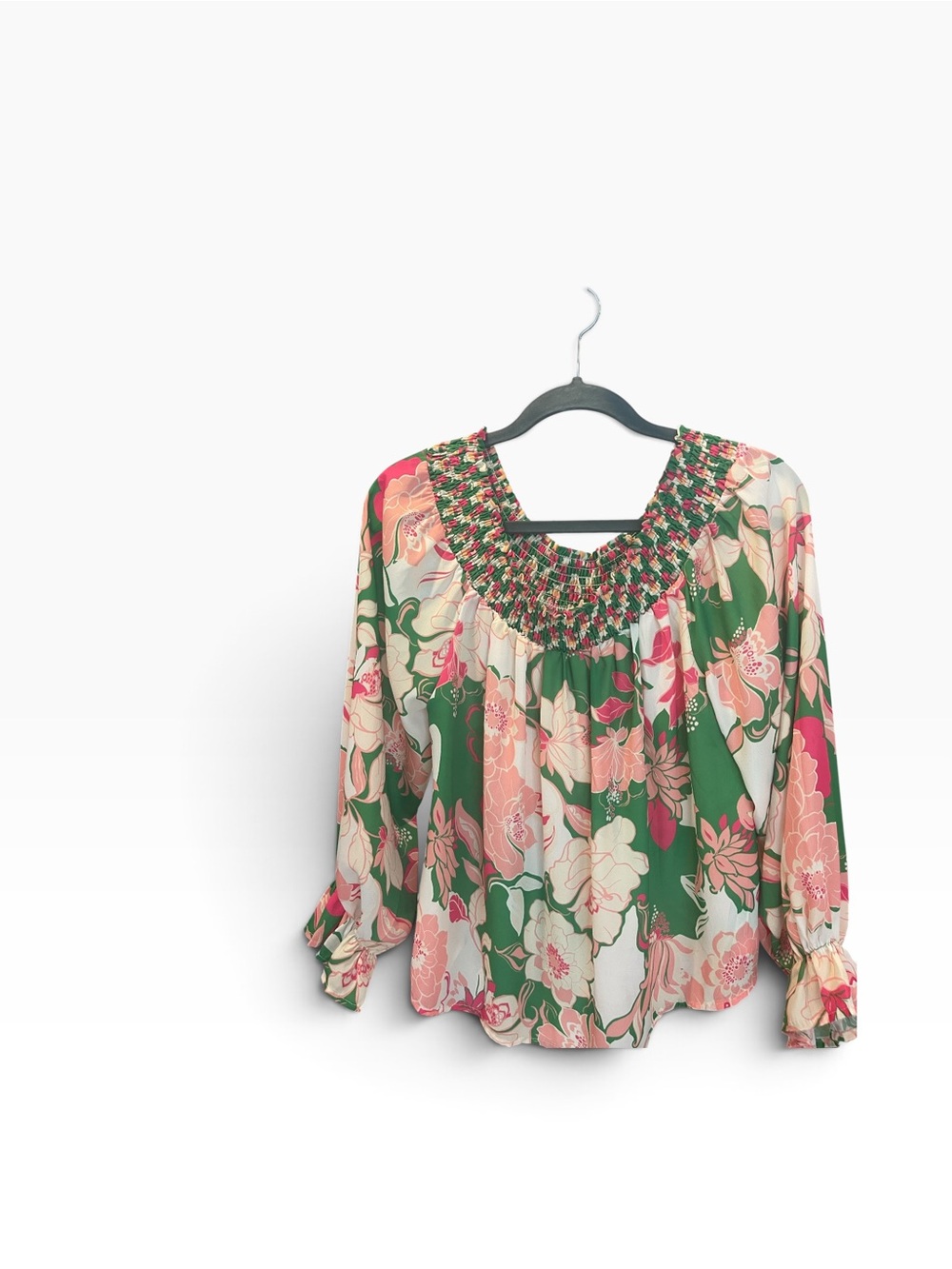 Flying Tomato Floral Smocked Blouse in Green, Pink and Cream